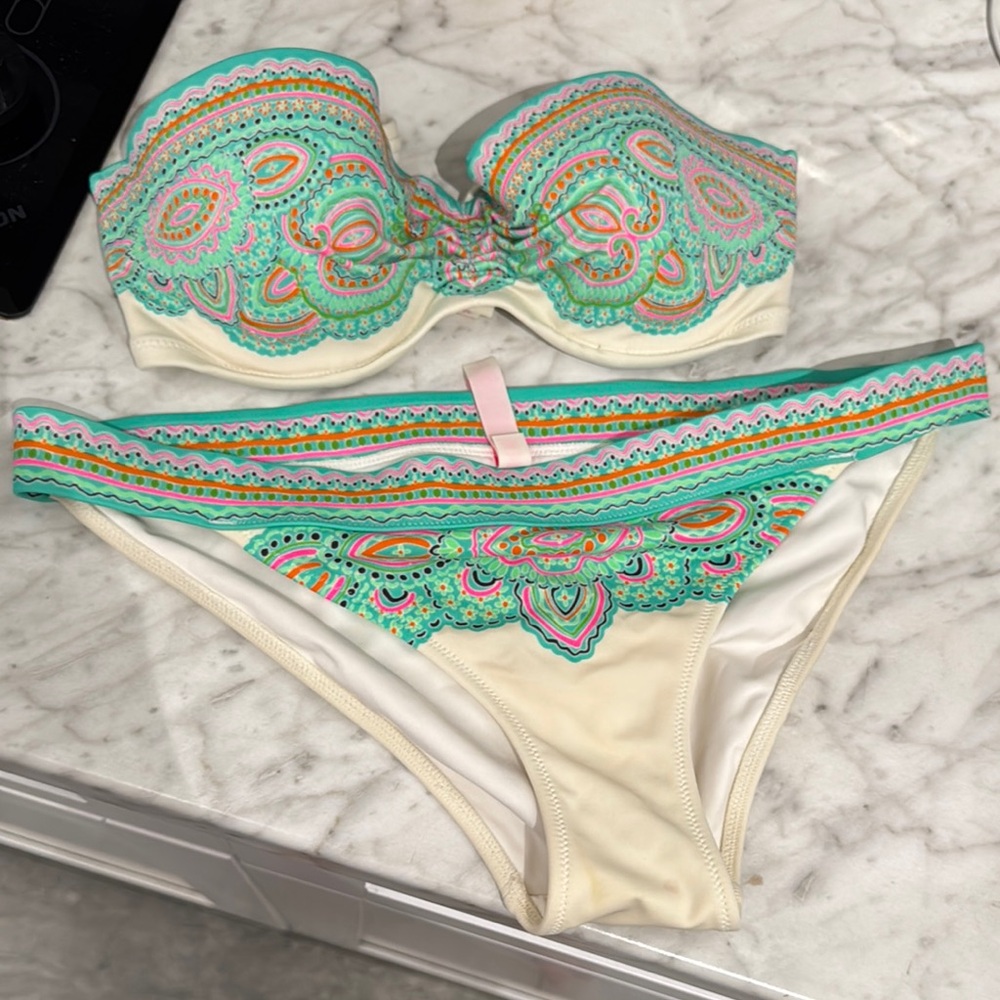 Victoria's Secret Cream and Green Bikini Set with Paisley Embroidery